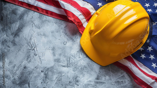 construction helmet us flag grunge background top view empty space labor , patriotic day indepndce concept for 4th of July 