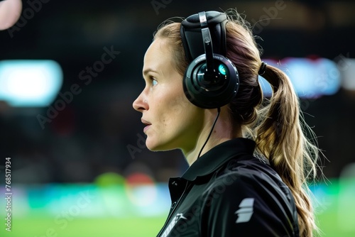 woman with var headset analyzing a soccer foul photo