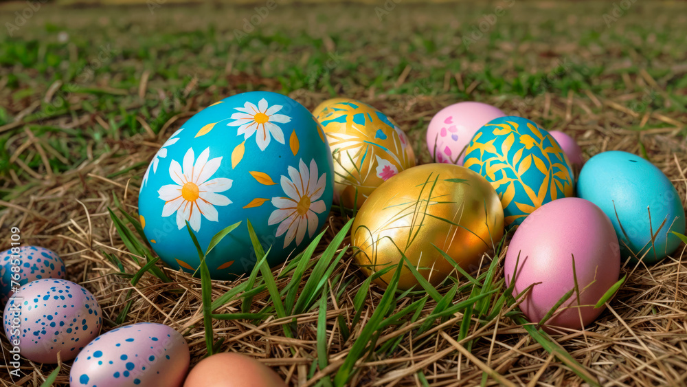 Easter eggs on green grass background
