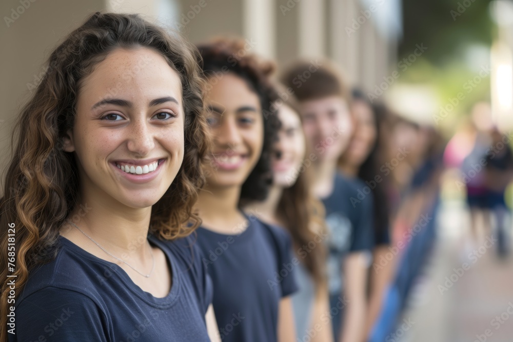 smiling woman with students lined up behind her