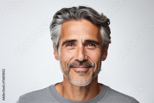 Portrait of handsome mature man with grey hair and beard on grey background