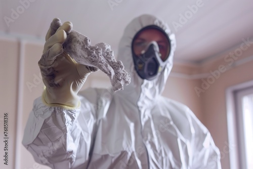 worker in protective suit holding asbestos sample