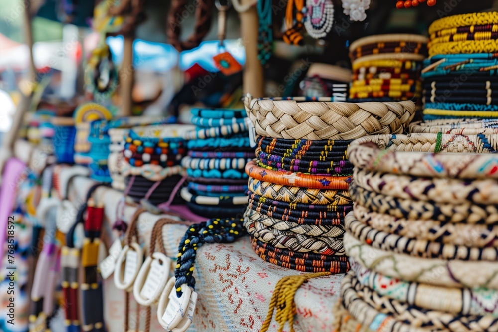 variety of woven bracelets on a market stall arm stand