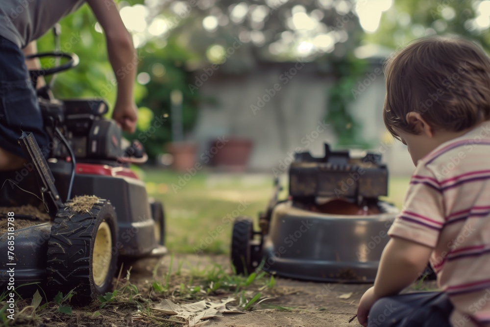 child watching a parent attempting to fix a nonstarting mower