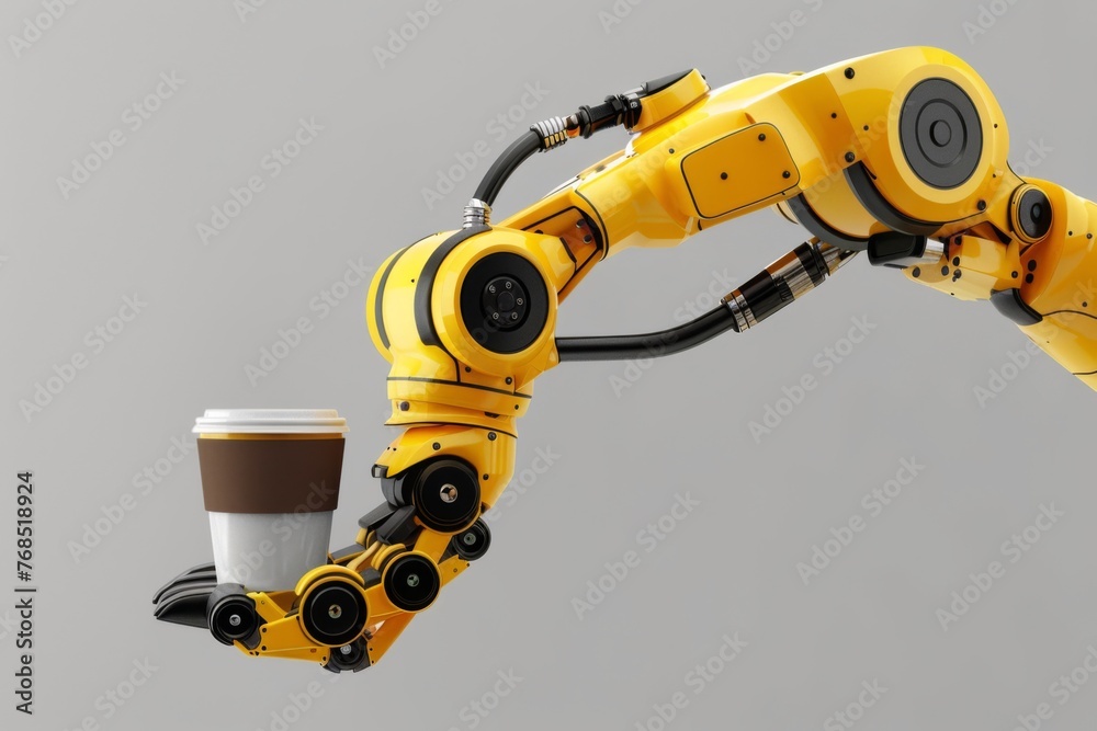 Yellow robot arm manipulator hand with a cup of coffee on gray background. Concept of artificial intelligence.