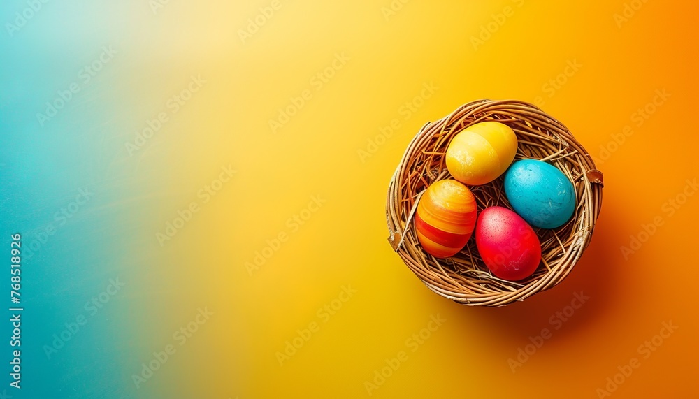 Easter concept banner with wicker basket and easter eggs - obrazy, fototapety, plakaty 