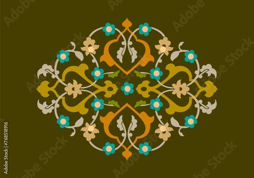 Vector illustration of traditional turkish tezhip floral ornament on dark background and beautiful tezhip.