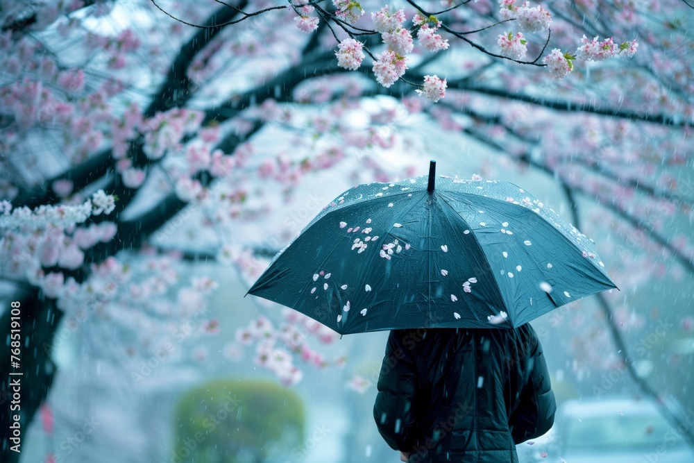 person with an open umbrella under a cherry blossom rain