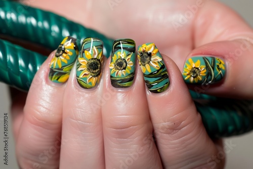 fingers with sunflower nail art wrapped around a garden hose © studioworkstock