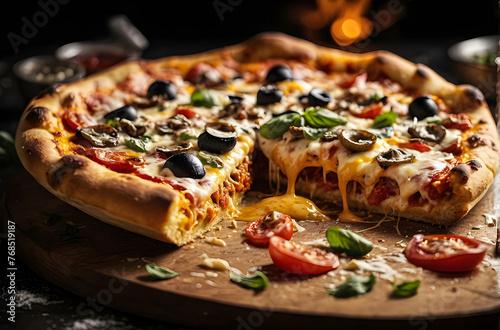 Capture a close-up shot of a freshly baked pizza straight out of the oven, showcasing its gooey cheese, vibrant toppings, and golden crust. 