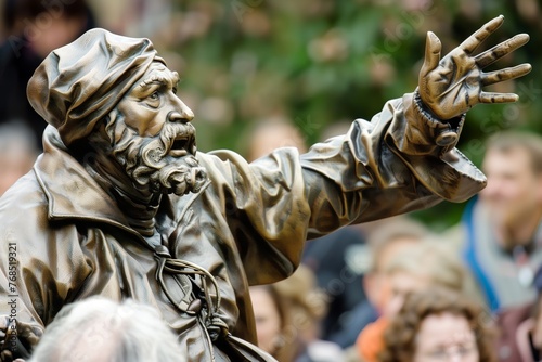 bronze bard gesturing storytelling to an audience