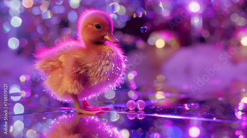An enchanting duckling with fibre optic like feathers glistens in a purple hued wonderland