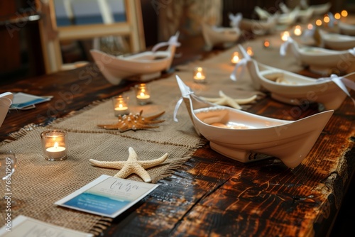 rustic table with burlap runners, starfish escort cards, and tealight boats