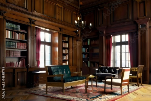 Palatial Library   a palatial library with rich wood paneling  built-in bookcases  and a cozy reading alcove  furnished with leather armchairs and an antique writing desk.