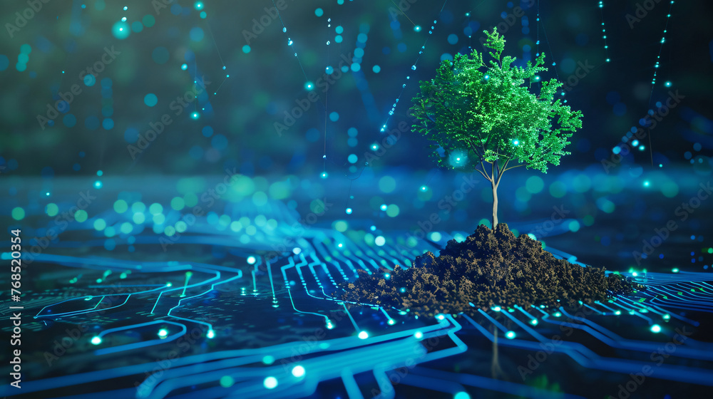 Obraz premium Technology trees growing on network lines, green energy network ecology concept illustration