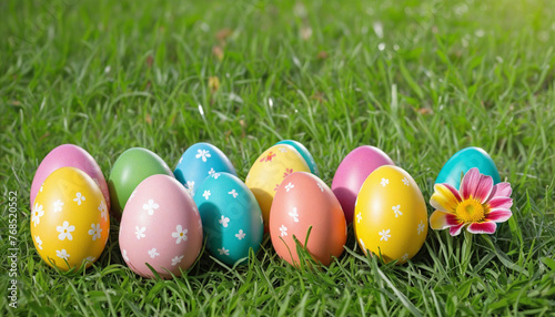Easter celebration and egg hunt: colored eggs on a sunny meadow colorful background