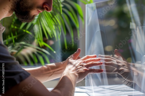 man cautiously touching a bladeless fans smooth surface photo