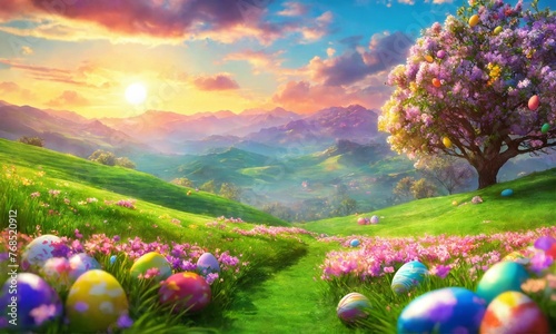 Landscape  blue and yellow eggs on green grass  hills  blurred background of blue sky with pink clouds  Easter
