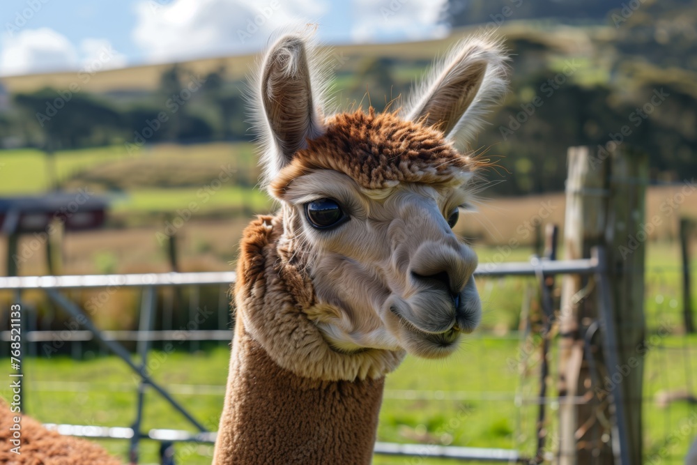 Obraz premium closeup of an alpacas face with a farm fence in the background