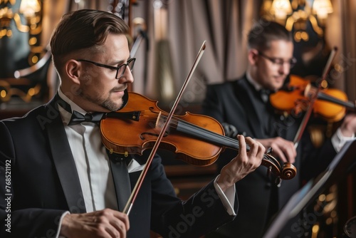 violinist with jazz trio in formal attire, performing at an elegant event