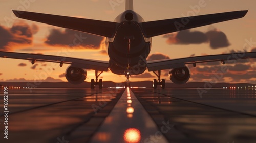 a large airplane gracefully taking off from an airport runway during either sunset or dawn plane prepares for takeoff, dramatic and dynamic scene
