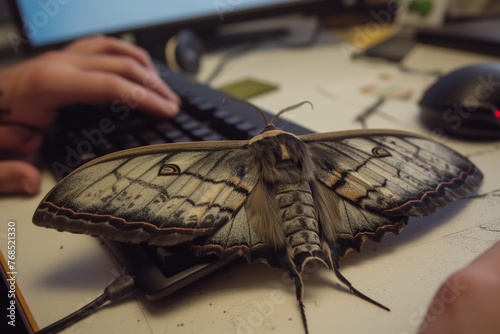 someone studying a large atlas moth resting on their desktop