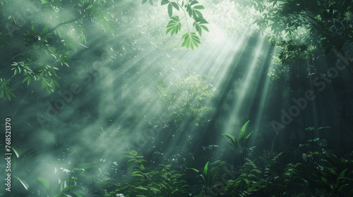 The majesty of sunlight breaking through dense foliage in the forest creates a breathtaking and awe-inspiring scene photo