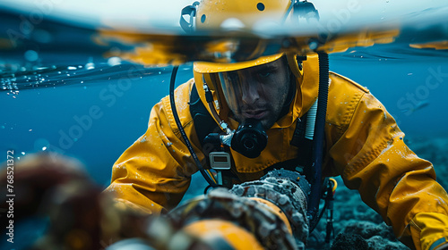 Engineers lay a system of underwater fiber optic cables in the middle of the ocean. Ai generative.