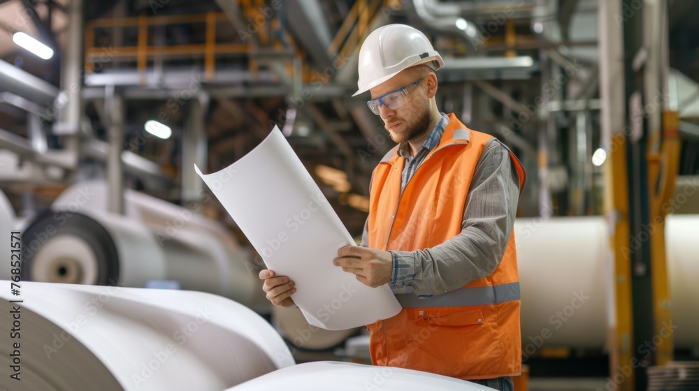 Engineer or technician work in paper factory with Engineer or technician work in paper factory with