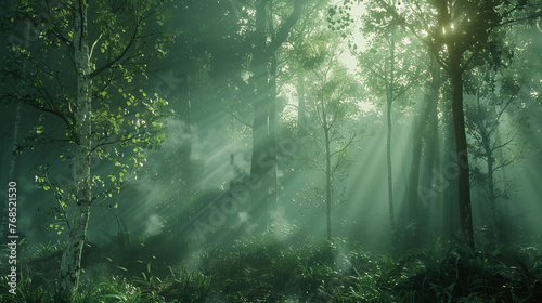 Ethereal sunbeams streaming through the tranquil atmosphere of a green forest suggesting peace and harmony © road to millionaire
