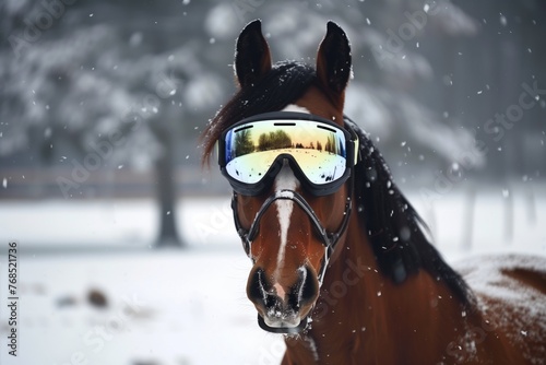 horse with reflective ski glasses in snow field