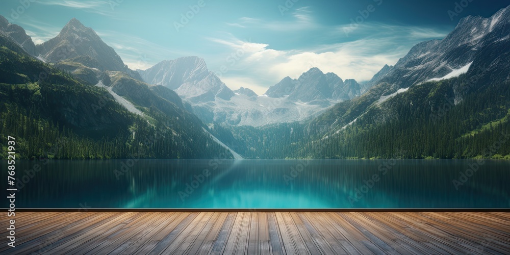 An empty wooden tabletop stands against the backdrop of a serene lake and majestic mountains, inviting viewers to bask in the beauty of nature's splendor.