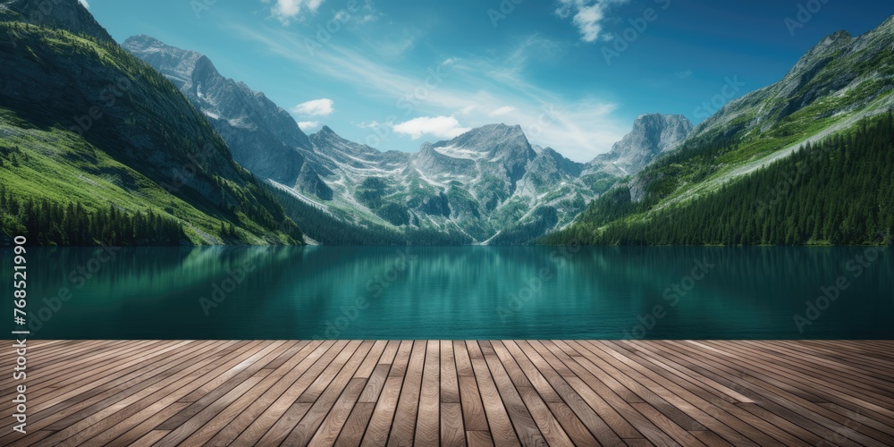 An empty wooden tabletop stands against the backdrop of a serene lake and majestic mountains, inviting viewers to bask in the beauty of nature's splendor.