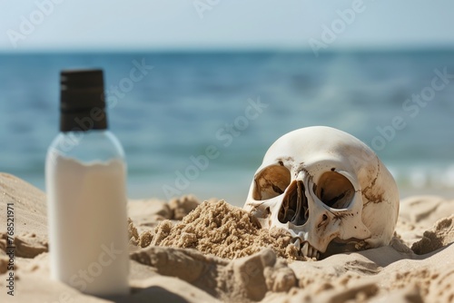 skull halfburied in sand, bottle next to it, sea in background