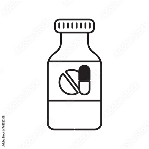 Drug store. Medicine bottles and pills. Drug. Black and white icon. Vector illustration