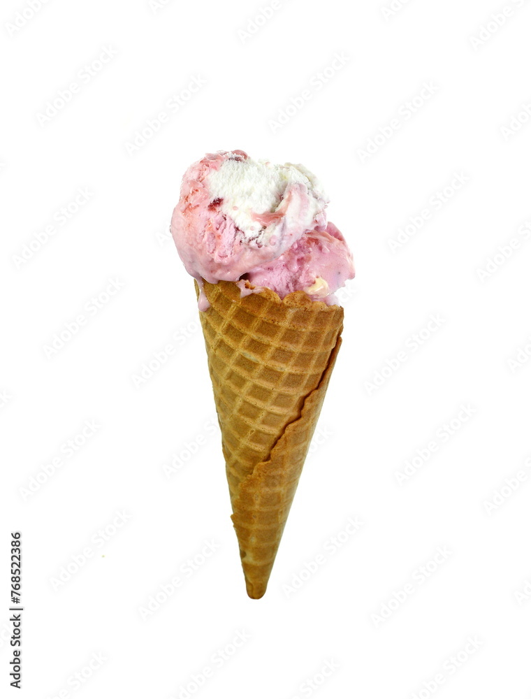 Strawberry ice cream in waffle cone isolated on white background. Strawberry ice cream in waffle cone isolated on white background.