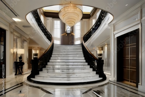 Regal Foyer: a grand foyer with marble floors, a sweeping staircase, and a dazzling crystal chandelier, exuding opulence and grandeur.