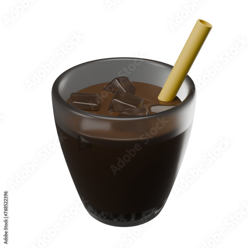 A glass of chocolate drink with a straw in it