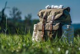 backpack on grass with marshmallows peeping from top
