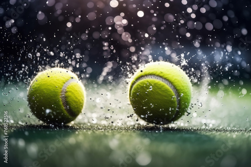 Tennis Balls on Wet Court Surface with Splashing Water Droplets, Dynamic Action Freeze, Sporting Event in Rainy Weather, Intense Match Play Concept © AspctStyle