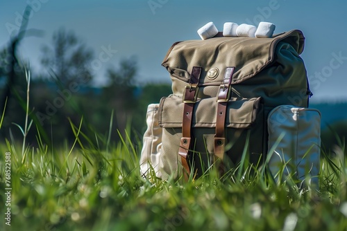 backpack on grass with marshmallows peeping from top photo