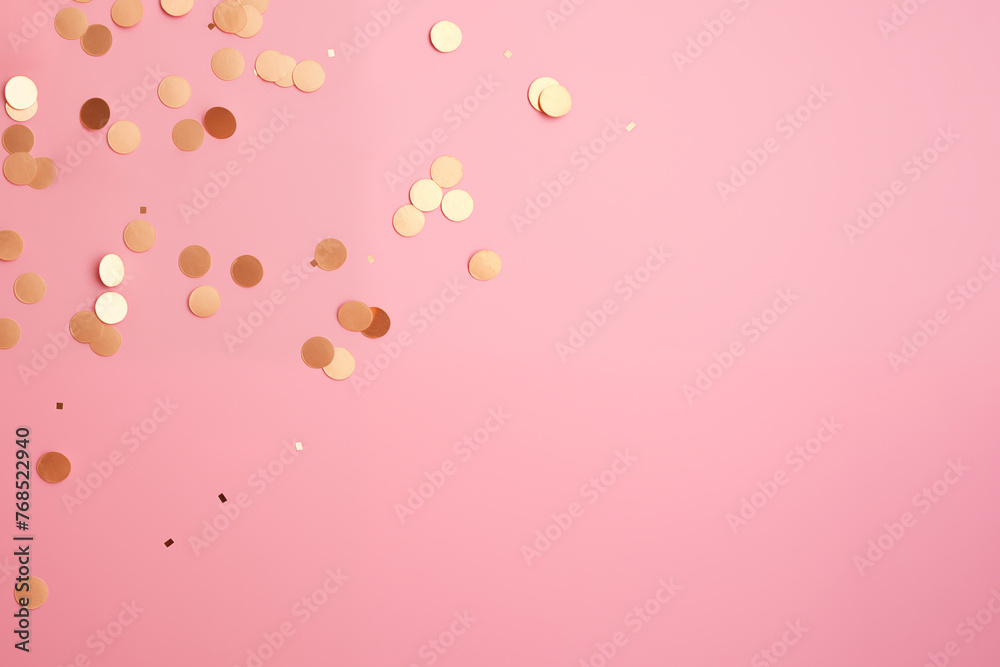 Golden round confetti on pink background, copy space.