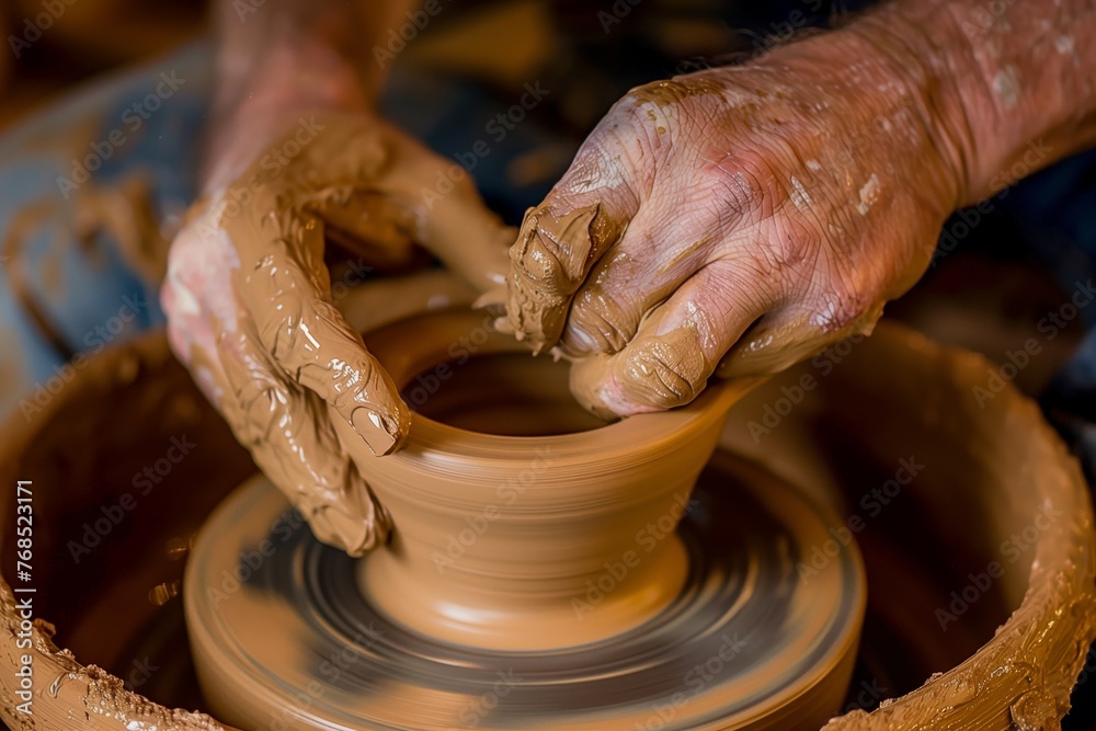 closeup of hands sculpting clay on a pottery wheel in studio closeup of hands sculpting clay on a pottery wheel in studio