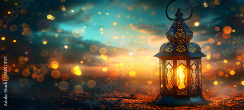 A banner featuring a lantern and Islamic motifs to celebrate Ramadan and Eid al Adha.