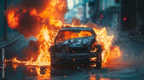 A dramatic scene of a car completely ablaze with fierce flames and smoke on an urban road at twilight.