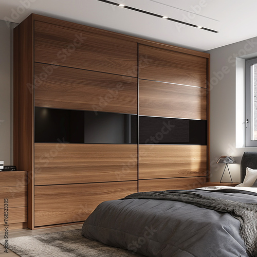 Wooden wardrobe with glossy sliding doors in minimalist. Generative AI