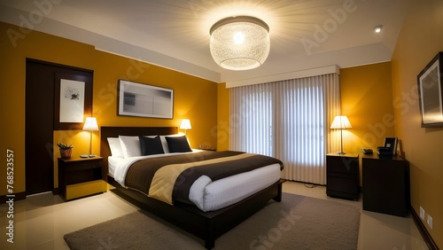 modern bedroom interior with yellow wall colour