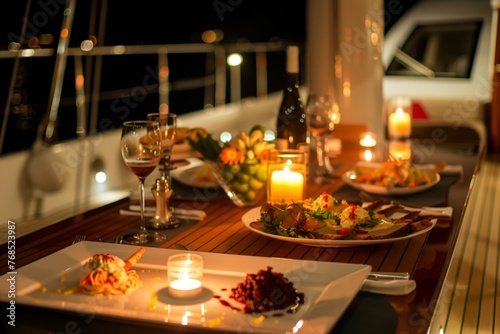 candlelit table with gourmet dishes on a luxury yacht deck