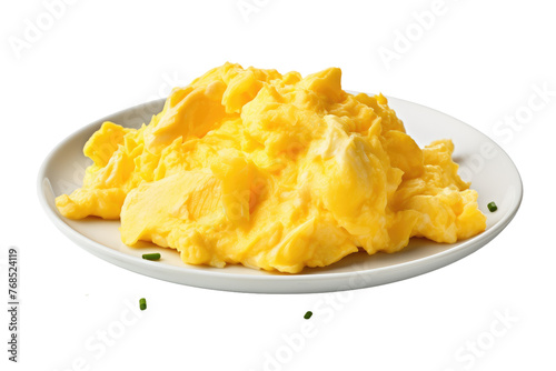 A plate featuring scrambled eggs as the main dish, with a side of chives neatly arranged next to it. The eggs are cooked to a creamy texture. Isolated on a Transparent Background PNG. photo