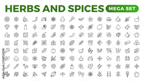 Herbs and spices - minimal thin-line web icon set. Outline icons collection. Spices, condiments, and herbs.Condiment icons set. Outline icon set.